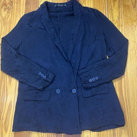Zara Floral Jacquard Blazer Jacket Size Small Dark Blue Double Breasted Brocade - Picture 5 of 16
